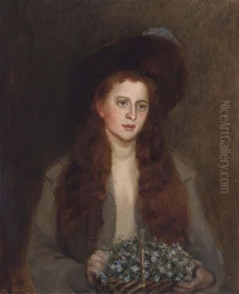 Portrait Of Phyllis Chisholm-batten, Half-length, Holding A Basketof Flowers Oil Painting by Georges Sheridan Knowles