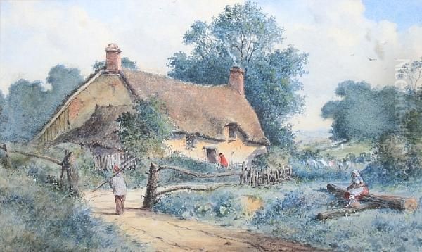 Figures On A Lane Before A Thatchedcottage Oil Painting by George Knox