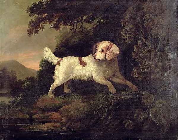 Study of Clumber Spaniel in Wooded River Landscape Oil Painting by Edward Cooper