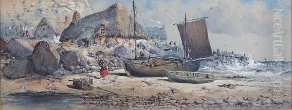 Figures On A Beach With Fishing Boats And Cottage In The Back Ground, Framed And Glazed Oil Painting by George Knox