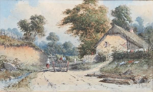 Figures And A Cart Travelling Up
 A Country Lane With Cottage In The Background, Framed And Glazed Oil Painting by George Knox