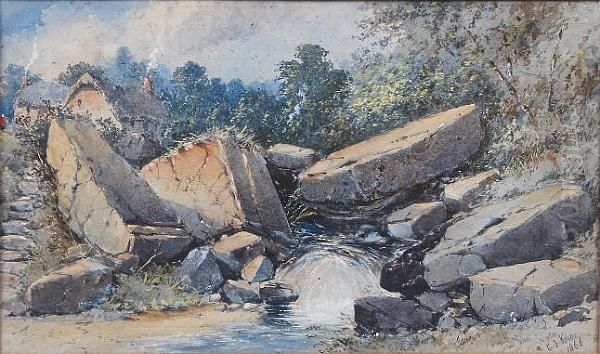 A Mountainous River Landscape With Figure And A Cottage Oil Painting by George Knox