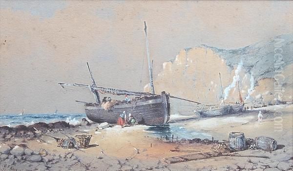 Fishing Boats And Figures On A Beach, Framed And Glazed Oil Painting by George Knox