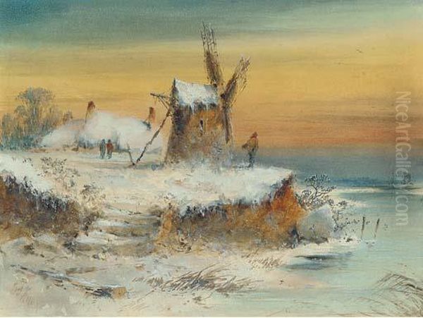 Figures In A Frozen Winter Landscape Oil Painting by George Knox