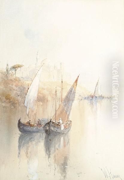 Boats On A River In The Holy Land Oil Painting by William Knox