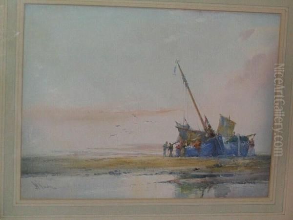 Shore Scene With Figures Unloading Fishing Boats Oil Painting by William Knox