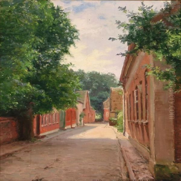 Street Scene From Ribe, Denmark Oil Painting by Peder Knudsen