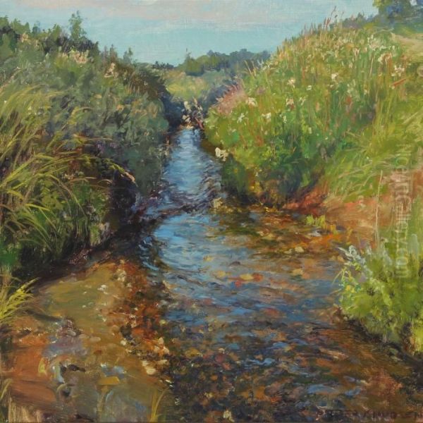 Spring Day At A Serpentine Stream Oil Painting by Peder Knudsen