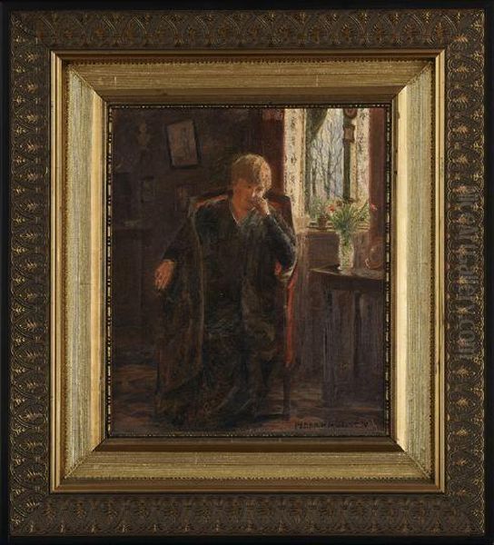 Woman Seated By A Sunlit Window Oil Painting by Peder Knudsen