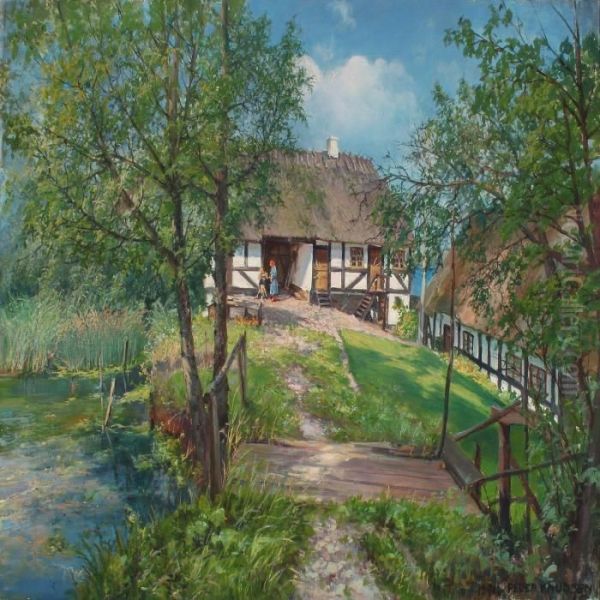 Summer Landscape With Mother And Child At A Thatchedfarm Oil Painting by Peder Knudsen