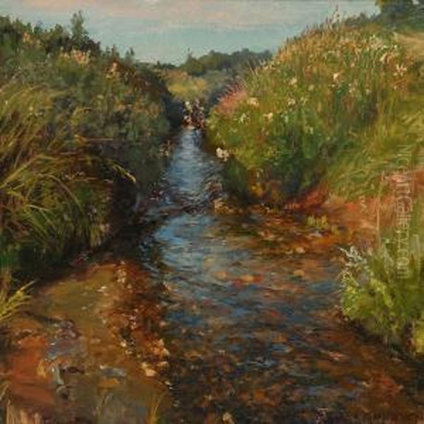 Spring Day At Aserpentine Stream Oil Painting by Peder Knudsen