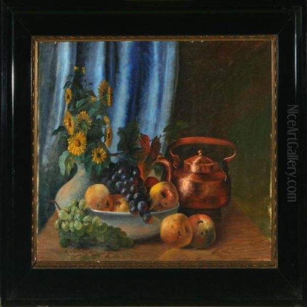 Still Life With Copperkettle, Fruit And Flowers Oil Painting by Peder Knudsen