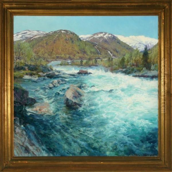 Rocky Landscape With River Oil Painting by Peder Knudsen