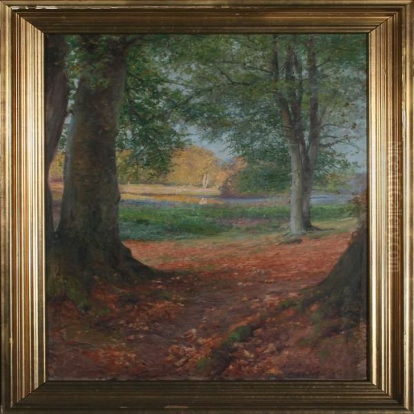 Autumn Day With Forest Lake Oil Painting by Peder Knudsen