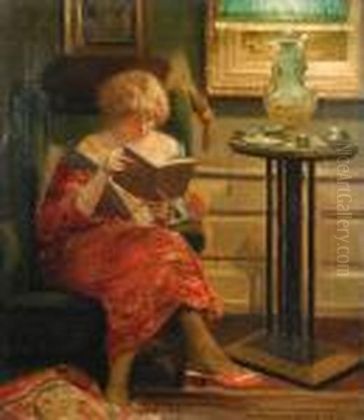 A Girl Reading A Book In A Library Oil Painting by Peder Knudsen