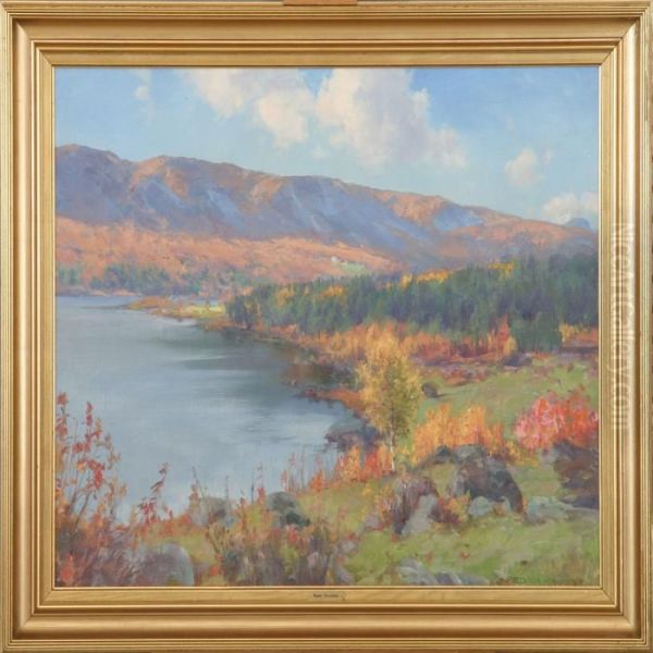 Mountainlandscape A Nice Day At The Fall. Signed Peder Knudsen Oil Painting by Peder Knudsen