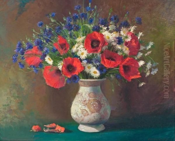 Still Life With A Bunch Of Flowers In A Vase Oil Painting by Peder Knudsen