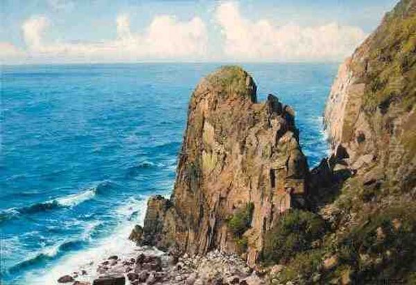 A Rocky Coastal Outcrop Oil Painting by Peder Knudsen