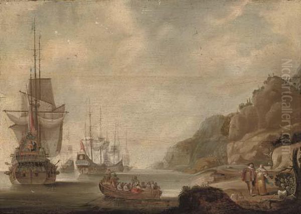 The Dutch Fleet Lying Off A Rocky Shore With An Officer Being Rowed Out Oil Painting by Jacob Knyff