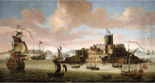 An English Ship And Other Shipping Off Castle Cornet, Guernsey Oil Painting by Jacob Knyff