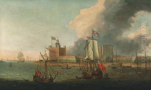 Ships Of The Fleet Off Garrison Point, Sheerness; And Britishmen-o'war Off Dover Oil Painting by Jacob Knyff