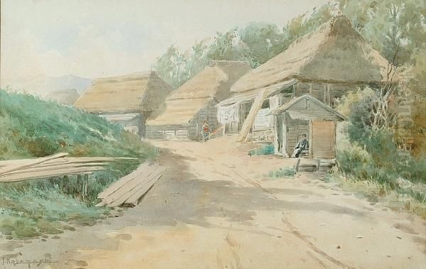 A Japanese Village Street Oil Painting by Tokusaburo Kobayashi