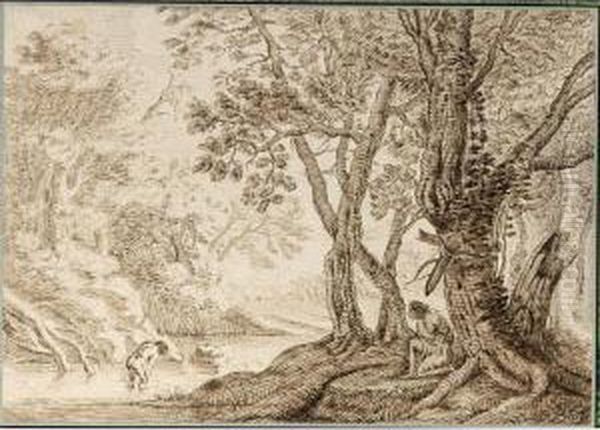 Wooded Landscape With A Man Bathing In A River Oil Painting by Franz Innocenz Kobell