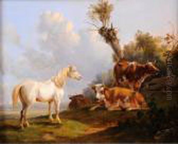  Le Cheval Blanc Pres Du Troupeau De Boeufs  Oil Painting by Janbaptist Ii Kobell