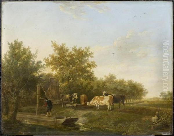 Cows Drinking From
A Trough Oil Painting by Janbaptist Ii Kobell