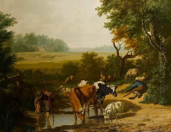 A Drover Watering His Cattle At A Stream Oil Painting by Janbaptist Ii Kobell