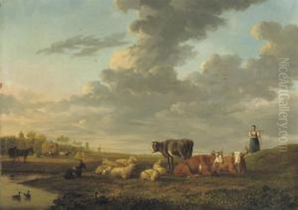 Cattle In A Meadow Oil Painting by Janbaptist Ii Kobell