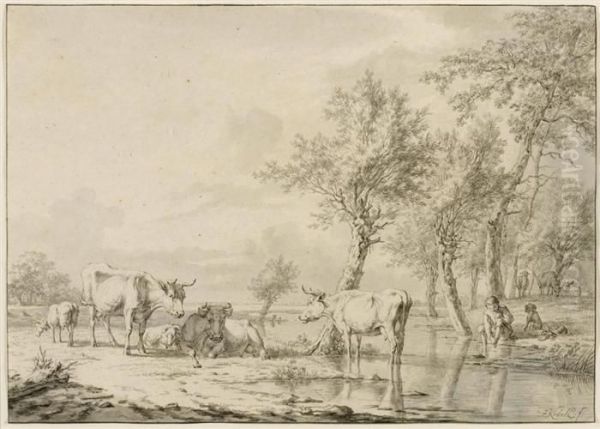 Herder With Cows And Sheep At The Trough. Oil Painting by Janbaptist Ii Kobell