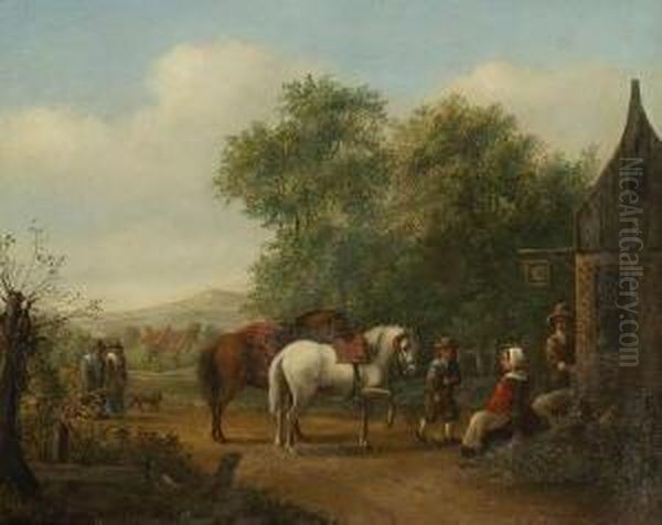 Rast Vor Der Herberge. Oil Painting by Janbaptist Ii Kobell