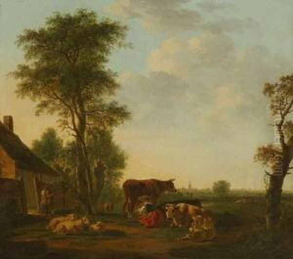 Hollandische Dorflandschaft Mit
 Melkender Magd. Oil Painting by Janbaptist Ii Kobell