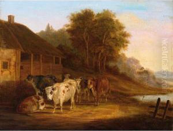 Peasantwoman With Cattle On A Path Near A Stream Oil Painting by Janbaptist Ii Kobell