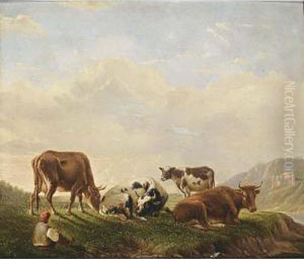 A River Landscape With A Shepherd And His Herd Oil Painting by Janbaptist Ii Kobell