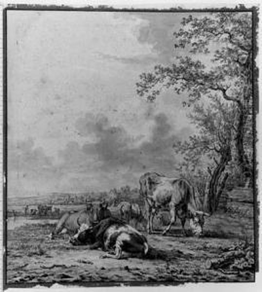 Cattle Resting And Grazing Near A Stream Oil Painting by Janbaptist Ii Kobell