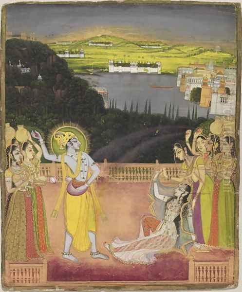 Krishna Celebrates Holi with Radha and the Gopis, from Kishangarh, Rajasthan, c.1755 Oil Painting by Nihal Chand