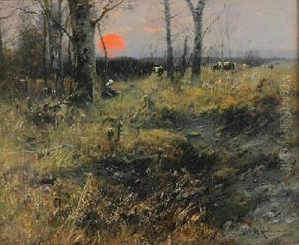 Scena Na Pastwisku O Zachodzie Slonca Oil Painting by Roman Kochanowski