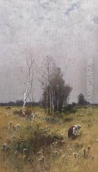 Reisigsammlerin In
 Moorlandschaft. Oil Painting by Roman Kochanowski