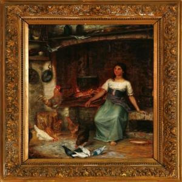 Interior With An Italian Woman At A Fireplace Oil Painting by Hans Christian Koefoed