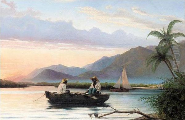 Figures Boating On A Lake In Haiti This Lot Contains 1 Item(s). Oil Painting by Hans Christian Koefoed