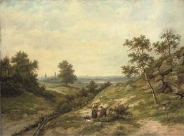 Woodgatherers In A Hilly Landscape Oil Painting by Hendrik Barend Koekkoek