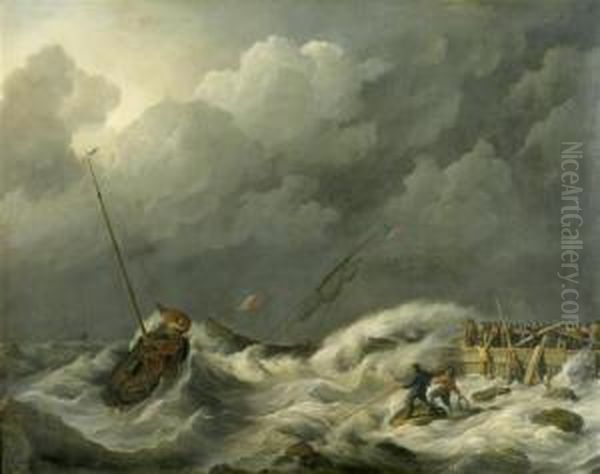 Boats In The Storm In Front Of A Mole Oil Painting by Johannes Hermanus Koekkoek