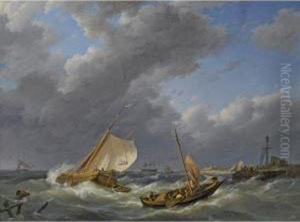 Shipping In Choppy Waters Oil Painting by Johannes Hermanus Koekkoek