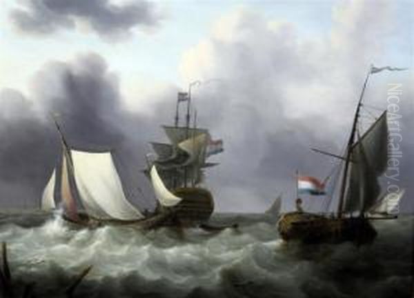 Dutch Shipping In A Heavy Swell Oil Painting by Johannes Hermanus Koekkoek