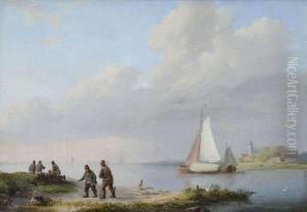 River Landscape With Figures And Sloop Oil Painting by Johannes Hermanus Koekkoek