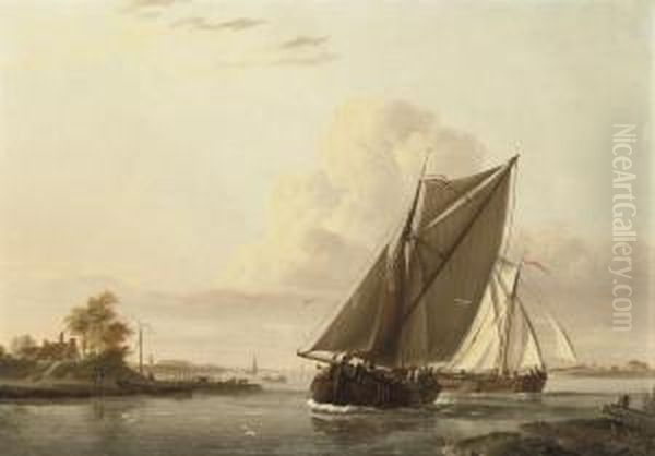 Sailing Vessels On A Calm Oil Painting by Johannes Hermanus Koekkoek