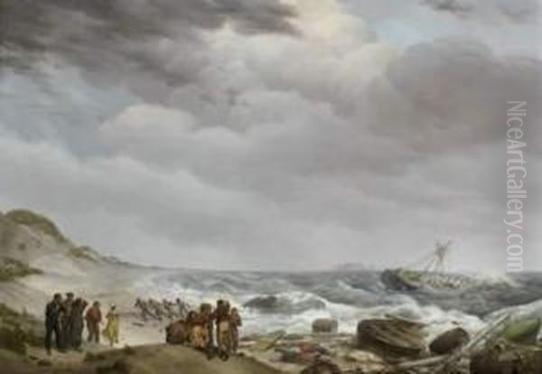 Les Rescapes De L'eclair D'anvers Sur Une Plage Oil Painting by Johannes Hermanus Koekkoek