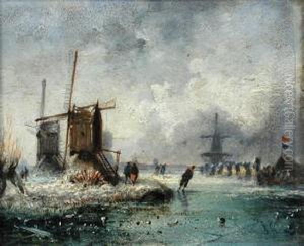 Skaters On A Frozen River By Windmills Oil Painting by Johannes Hermanus Koekkoek